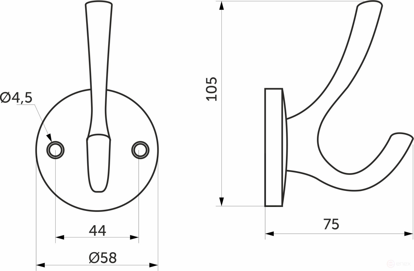 Крючок меб. двухрожковый мет. HORN шлифованный никель AKS