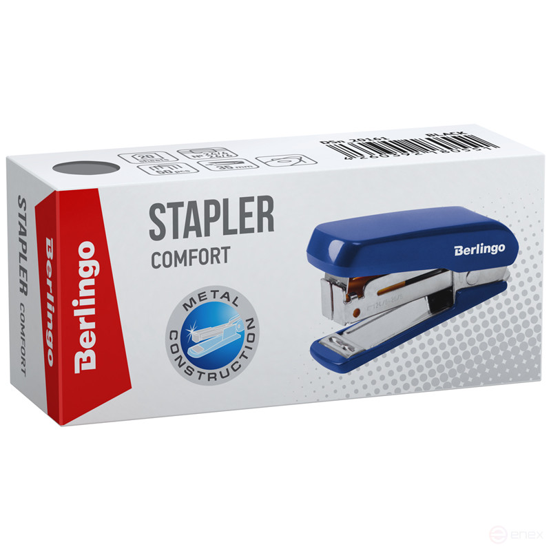 Мини-степлер №24/6, 26/6 Berlingo "Comfort" до 20 л., пластиковый корпус, черный