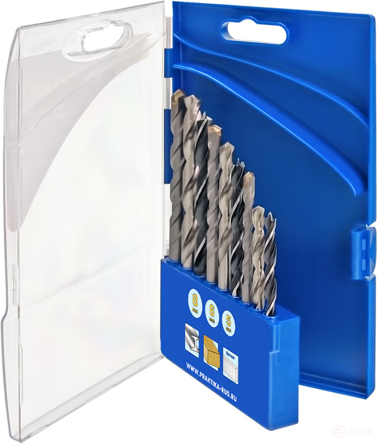 Набор сверл комбинированный ПРАКТИКА "Профи", 9 шт, металлу/бетону/дереву 5,6,8 мм ПРО (640-384)