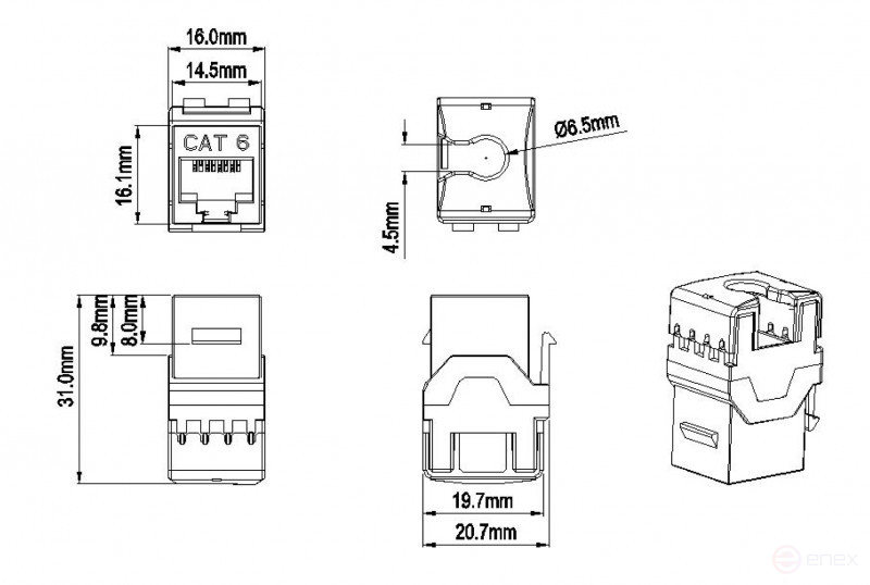 KJ9-8P8C-C6-90-WH Keystone Jack Insert RJ-45(8P8C), Category 6, white