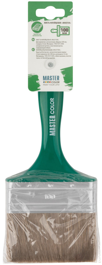 Кисть флейцевая, толщ. 16 мм, 70% ПЭT/30% натур. щетина, нерж.обжим, пласт.ручка, ширина 100 мм