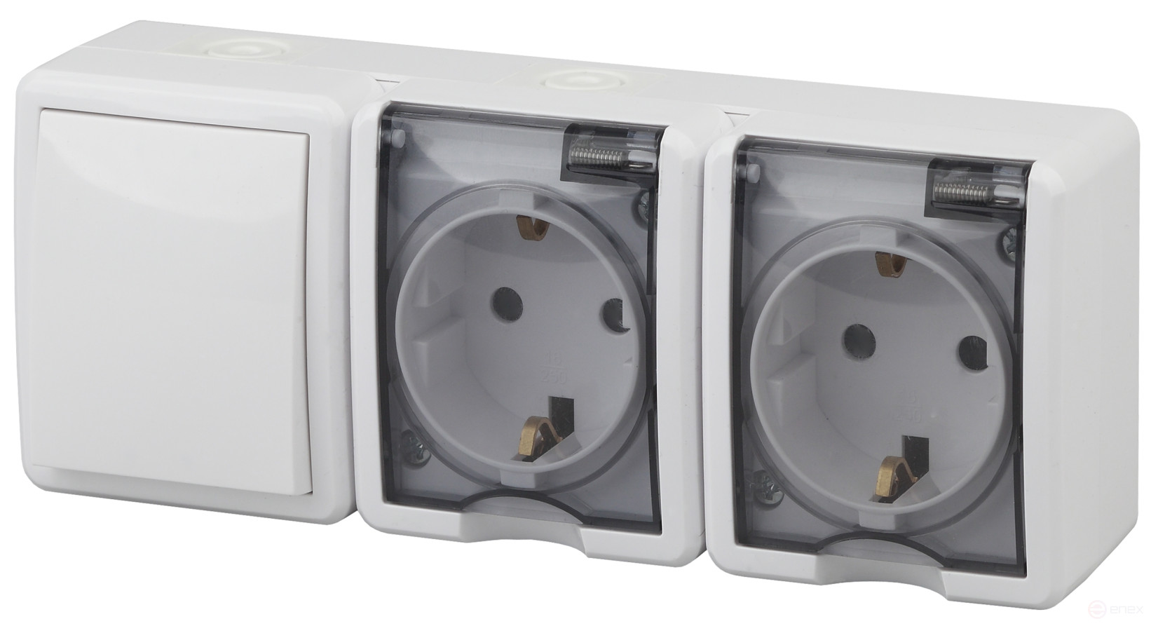 Block two sockets + switch ERA Expert 11-7403-01 IP54 16A-10AX-250V AC White