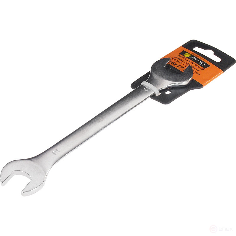 Ключ рожковый 16х17мм ER-32167 (Chrome vanadium) на держателе сатинированный ЭВРИКА 1/10