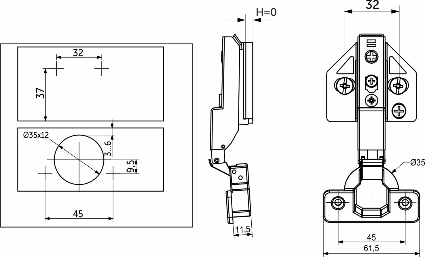 Semi-folding hinge with door closer 45mm h0 clip-on AKS PLUS 3D (self-tapping screws, plugs)