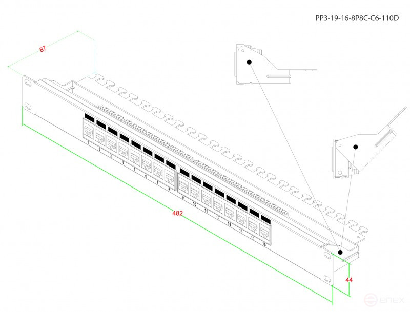 PP3-19-16- 8P8C-C6-110D Patch Panel 19", 1U, 16 RJ-45 ports, Category 6, Dual IDC, ROHS, Color Black (Rear cable organizer included)