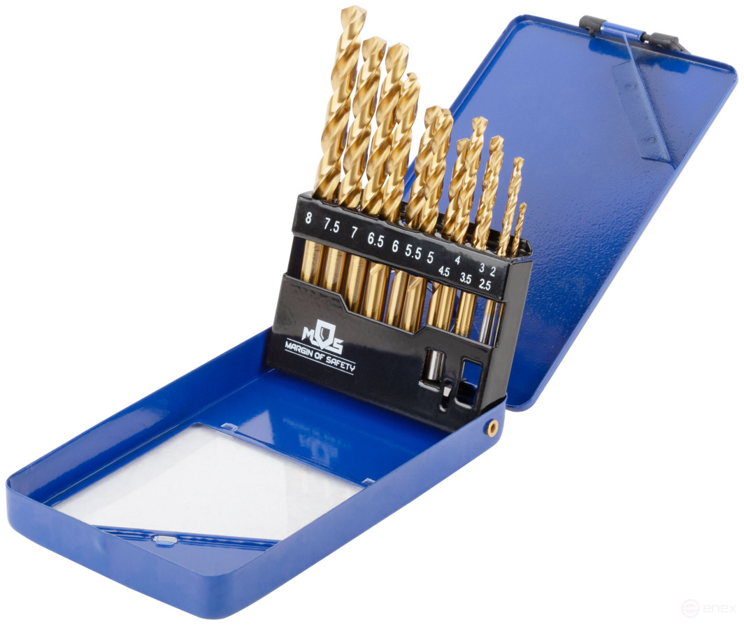 Set of HSS metal drills, ground, titanium coating, sharpening angle 135°, met.box, 13 pcs. (2-2,5-3-3,5-4-4,5-5-5,5-6-6,5-7-7,5-8 mm)