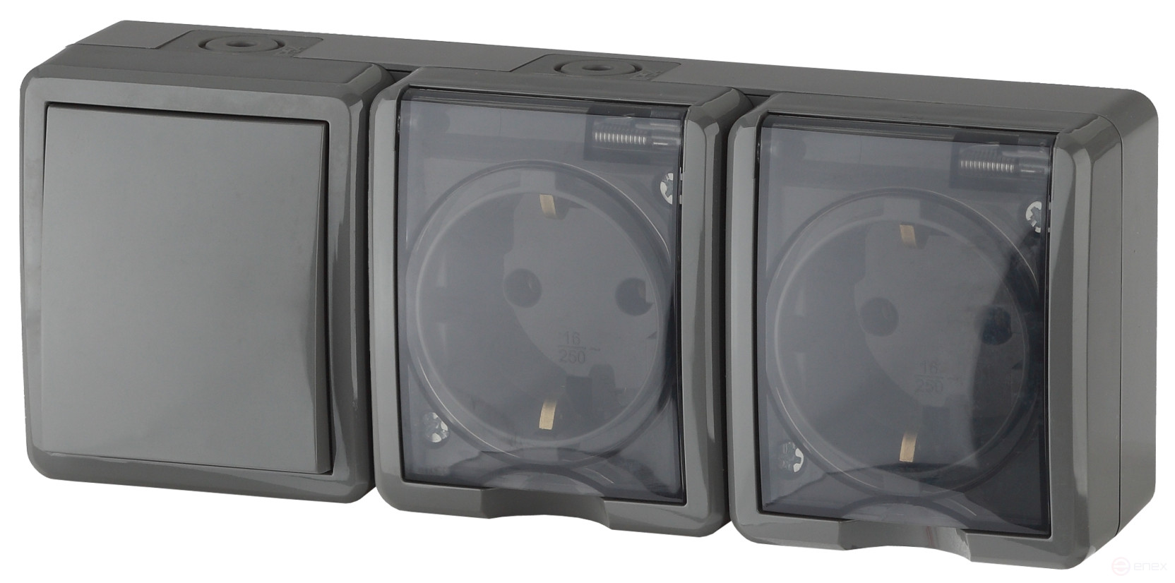 Block two sockets + Switch ERA Expert 11-7403-03 IP54 16A-10AX-250V OP AMP Grey
