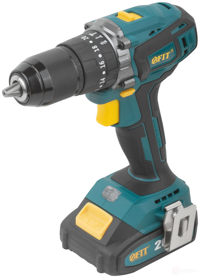 Acc power drill. 20 V; 0-400/1600 rpm; 55 Nm; 2 (Li-Ion) 2.0 Ah; 1 hour; brushless; cut. tilt; case