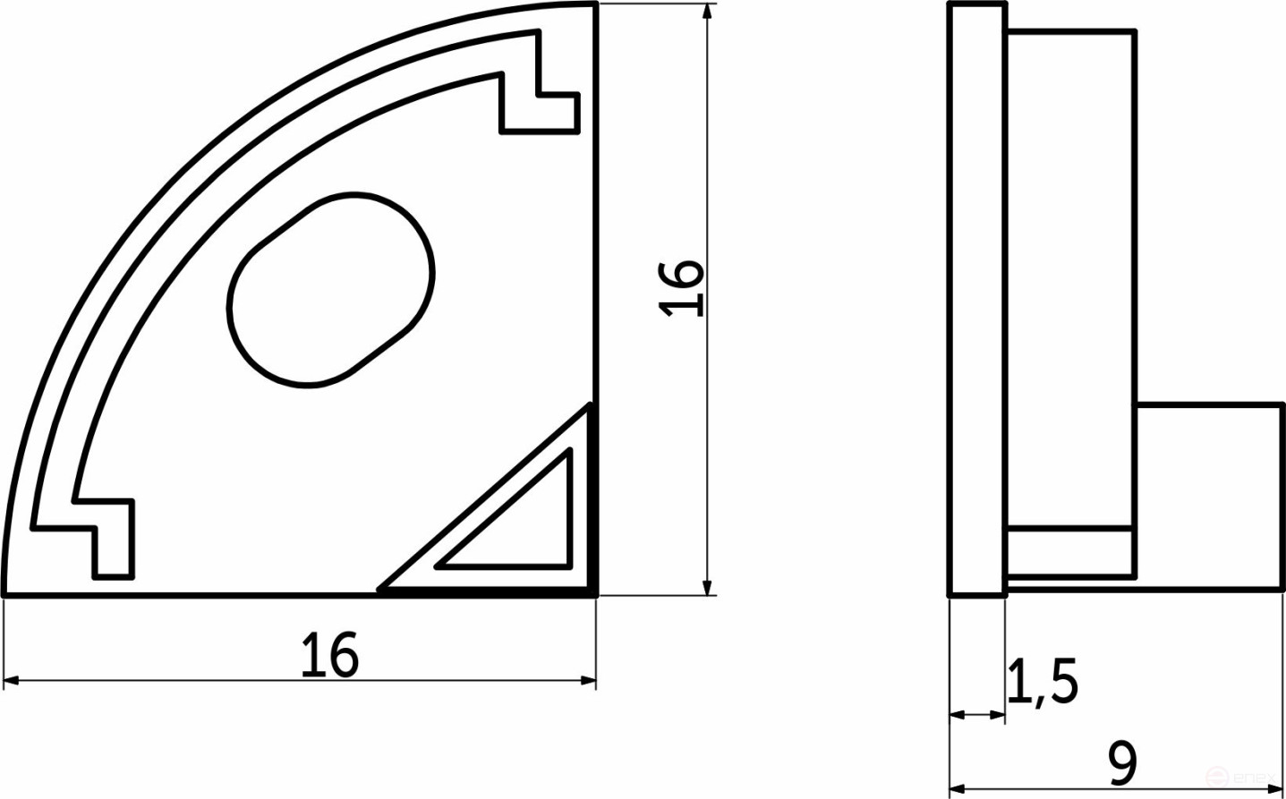 Plug for aluminum profile ORION-1616C, quarter circle shape, color white, AKS