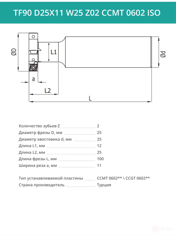 Фреза пазовая T-образная D25 мм, 2 зуба TF90 D25X11 W25 Z02 CCMT 0602 ISO / пластина CC*T 0602**