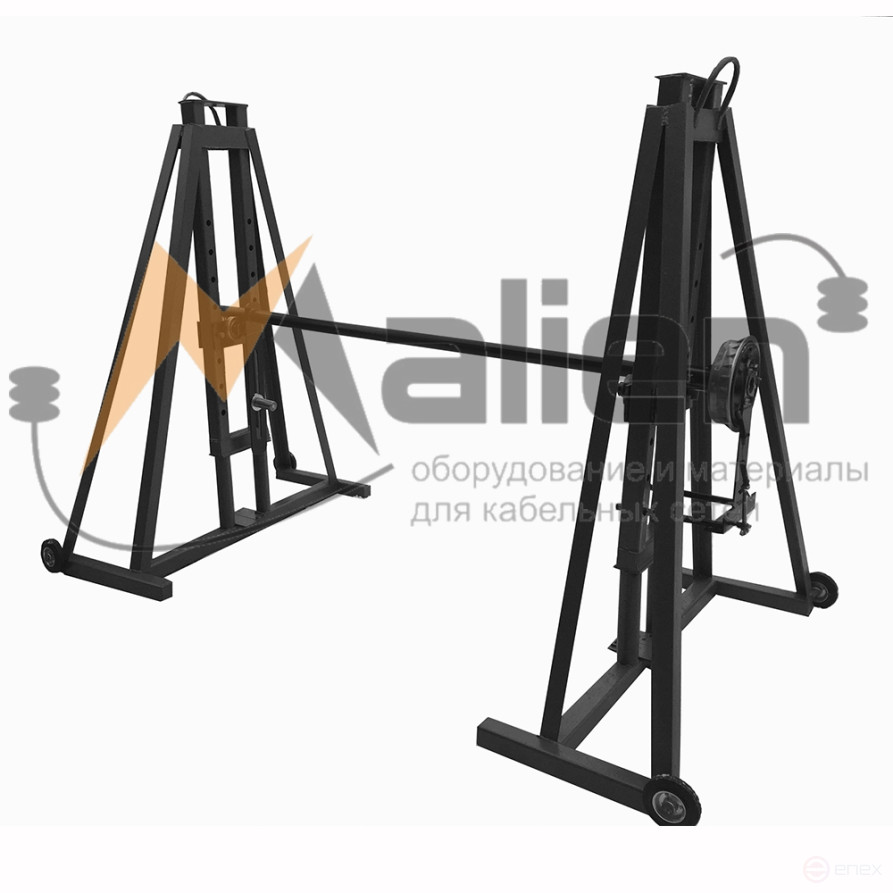 Hydraulic cable jack DK-2GPT MALIEN, drums from No. 8 to No. 16, g/n up to 2 tons (set: 2 racks assembled with hydraulic jacks, 2 bearing units, axis 48/1350 mm with clamping shoes + protection system against inertia unwinding of the drum)
