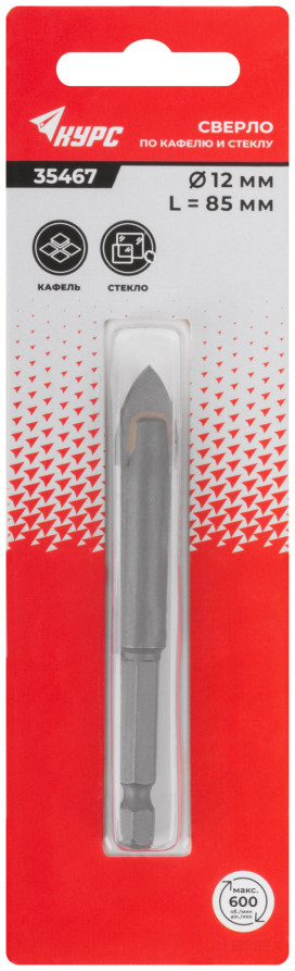 Сверло по кафелю и стеклу, шестигранный U-хвостовик под биту 12х85 мм