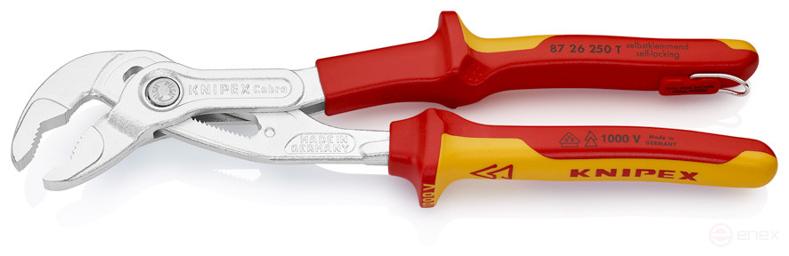 KNIPEX COBRA® клещи переставные с фиксатором, VDE, 50 мм (2"), под ключ 46 мм, L-250 мм,., хром, 2-к ручки, страх. крепл.