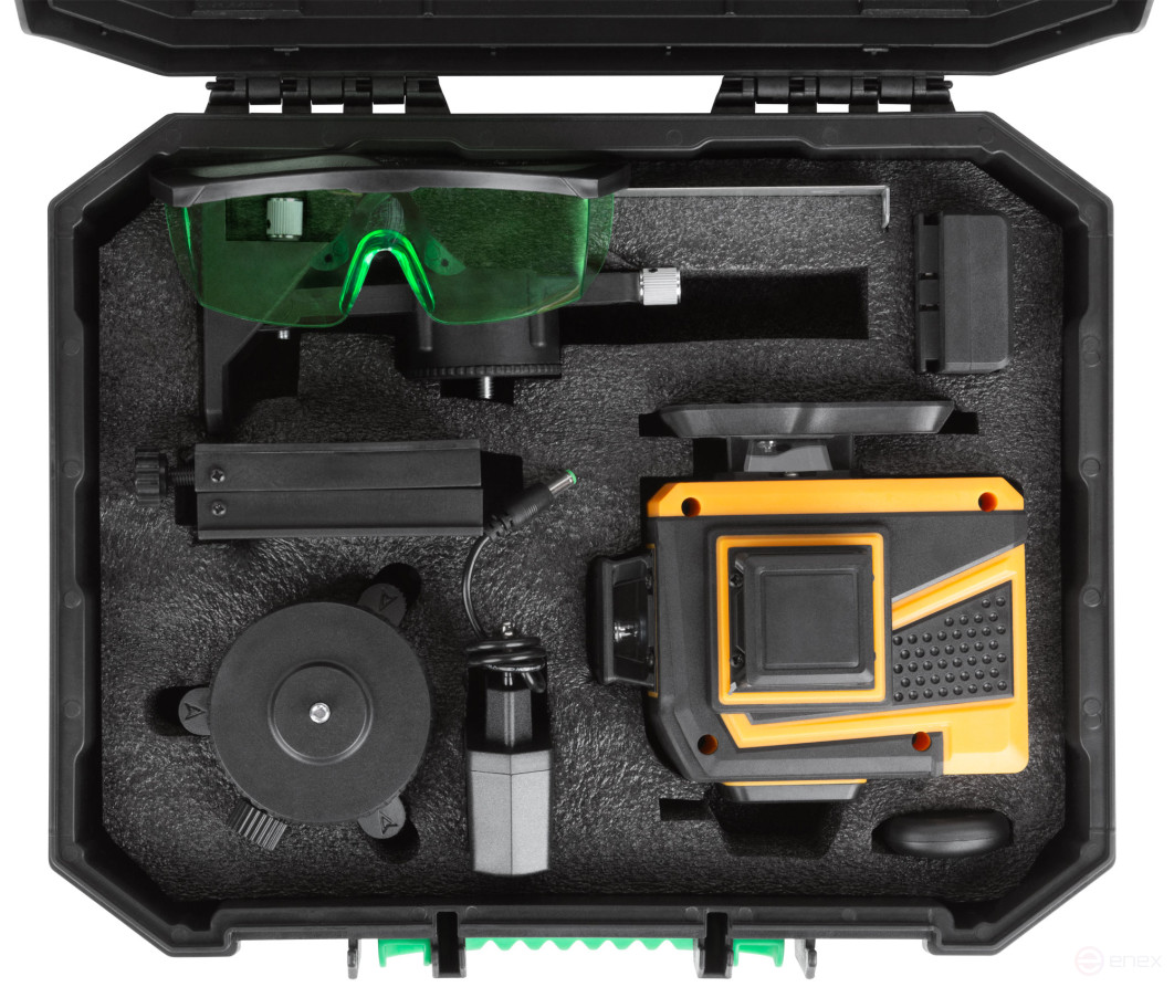 Уровень лазерный самоуспокаивающийся, зеленые лучи, 3 плоскости 360 гр., диапазон 20 м, Li-Ion аккум., 2 уровня яркости, без треноги, платформа для по