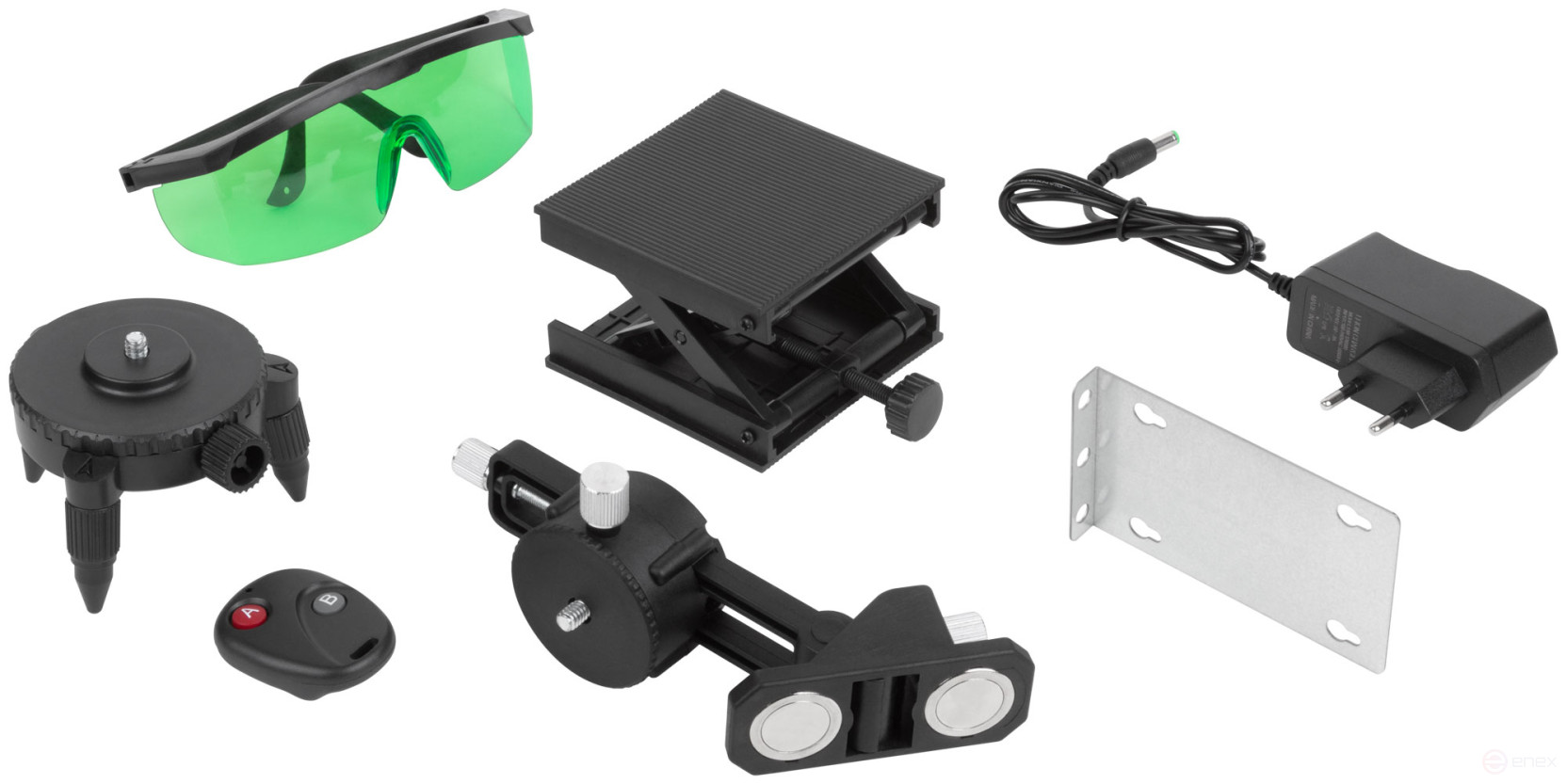 Уровень лазерный самоуспокаивающийся, зеленые лучи, 3 плоскости 360 гр., диапазон 20 м, Li-Ion аккум., 2 уровня яркости, без треноги, платформа для по