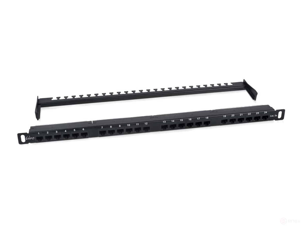 High-density Ripo Patch Panel 19" (0.5U), 24 RJ-45 ports, Category 6a, Dual IDC,180 degrees