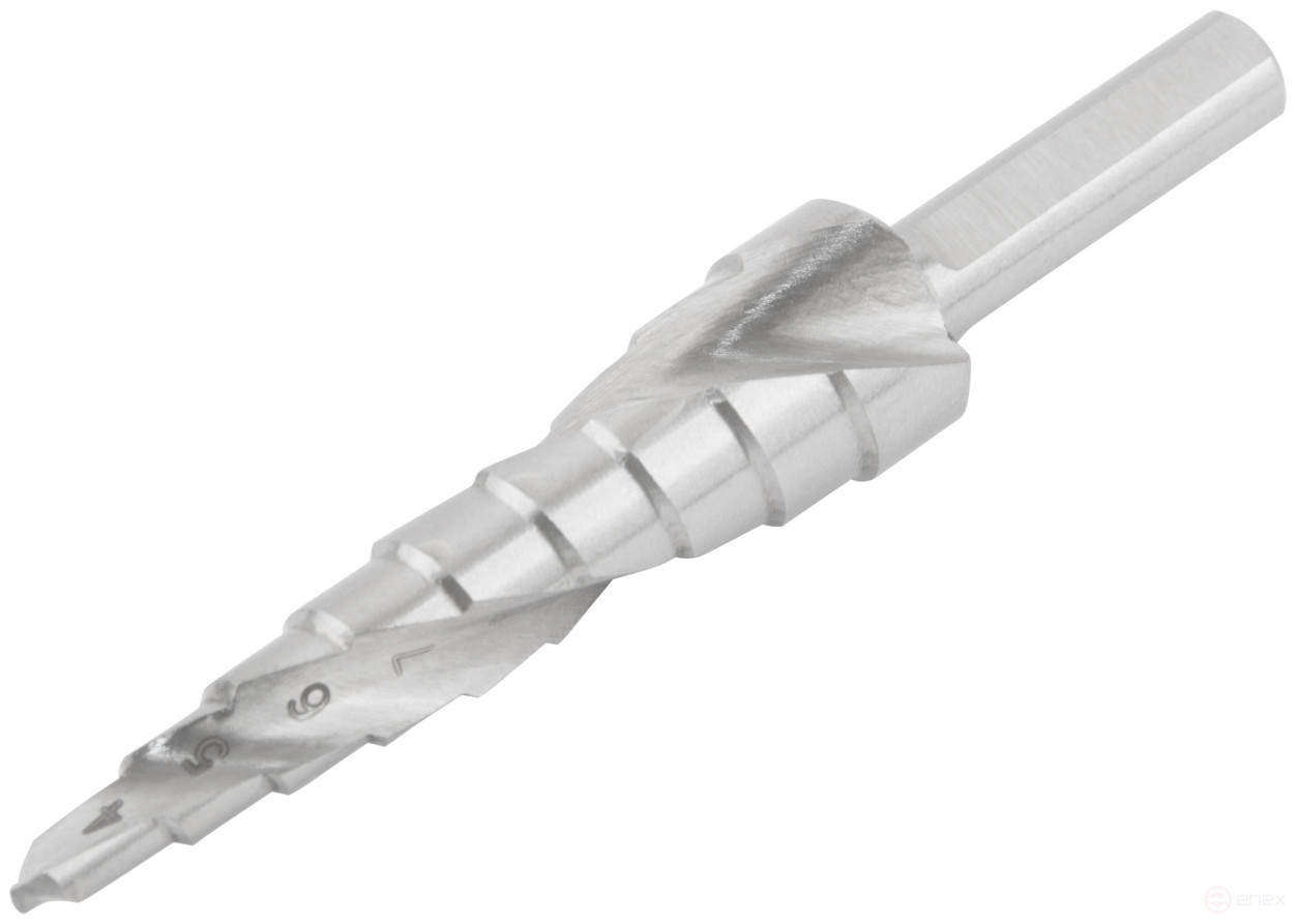 HSS step drill for metal, spiral profile, 9 steps, 4-12 mm
