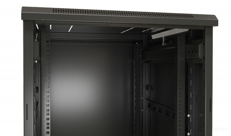 TTB-2261-AS-RAL9004 Шкаф напольный 19-дюймовый, 22U, 1166x600х1000 мм (ВхШхГ), передняя стеклянная дверь со стальными перфорированными боковинами, задняя дверь сплошная, ручка с замком, крыша нового типа, цвет черный (RAL 9004) (разобранный)