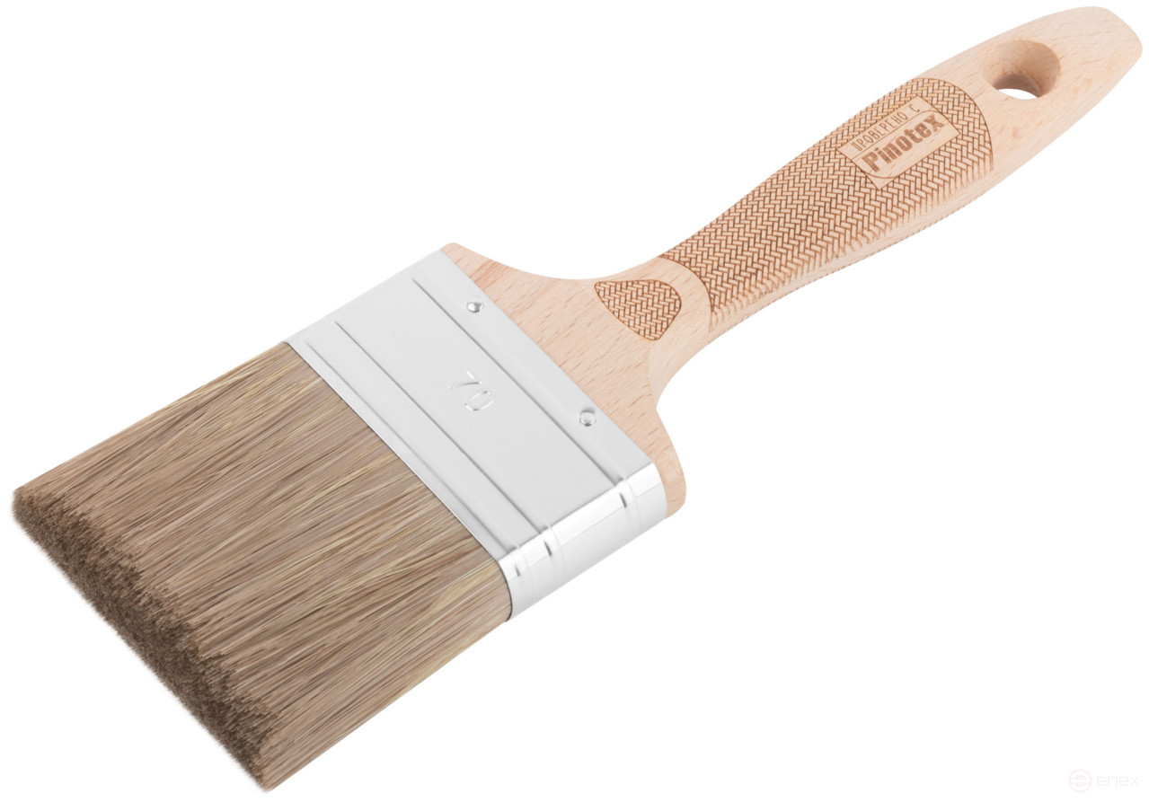 The brush is fluted, thick. 18 mm, 70% PET/30% naturalbristles, stainless steel. crimp., beech handle, width 70 mm