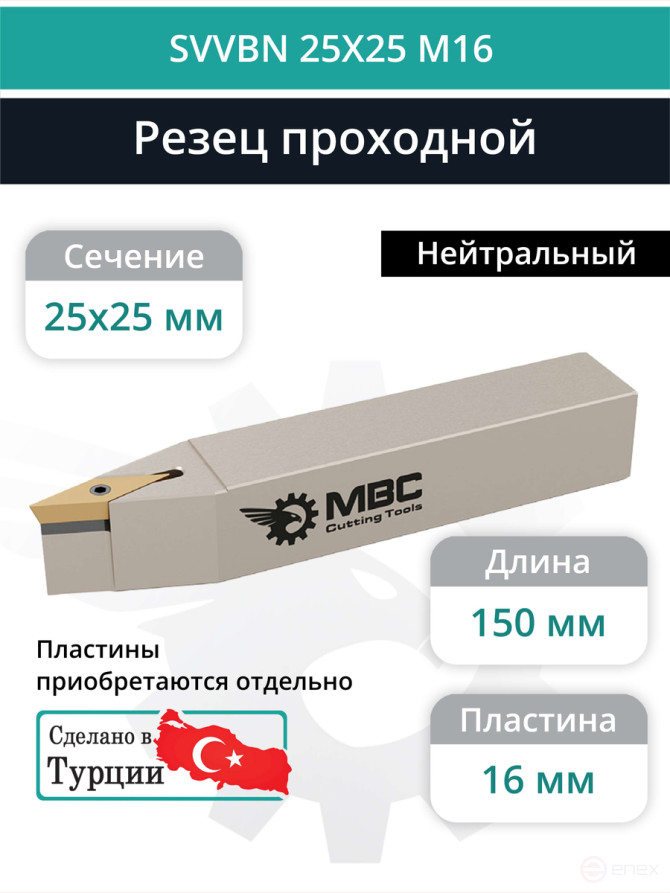 SVVBN 25X25 M16 резец токарный проходной нейтральный 25x25 мм / пластина 16 мм, VBMT 1604**