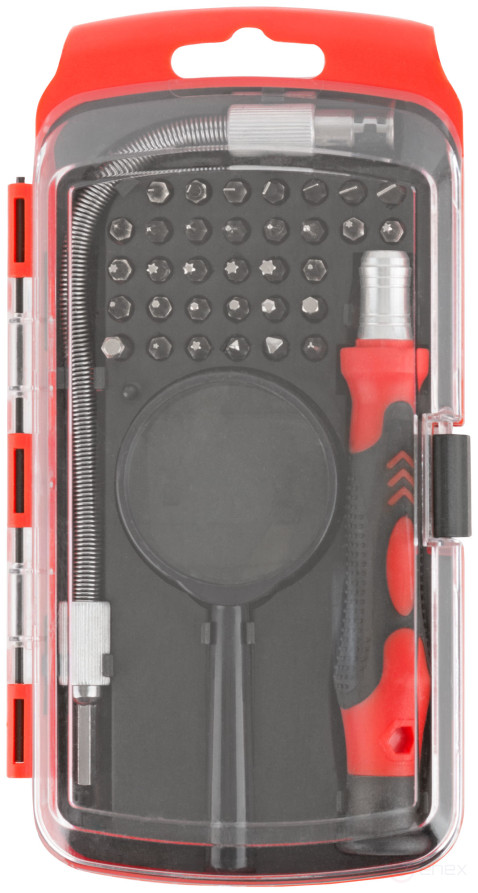 Screwdriver with bits for precision work, 33 CrV bits, 175 mm flexible adapter, magnifying glass, plastic box
