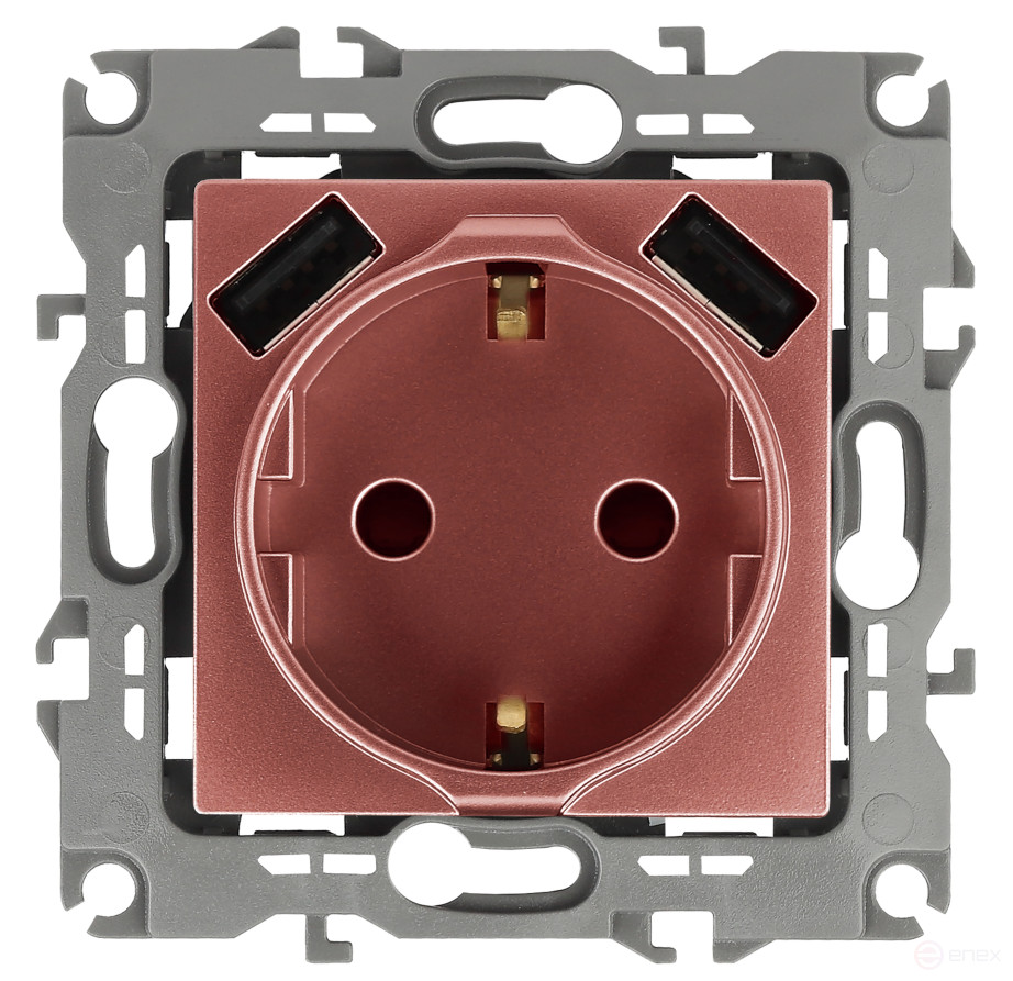 Розетка ЭРА Серия 12 12-4109-14 2P+E 16A-250В штор. с 2xUSB 5В-3А медь