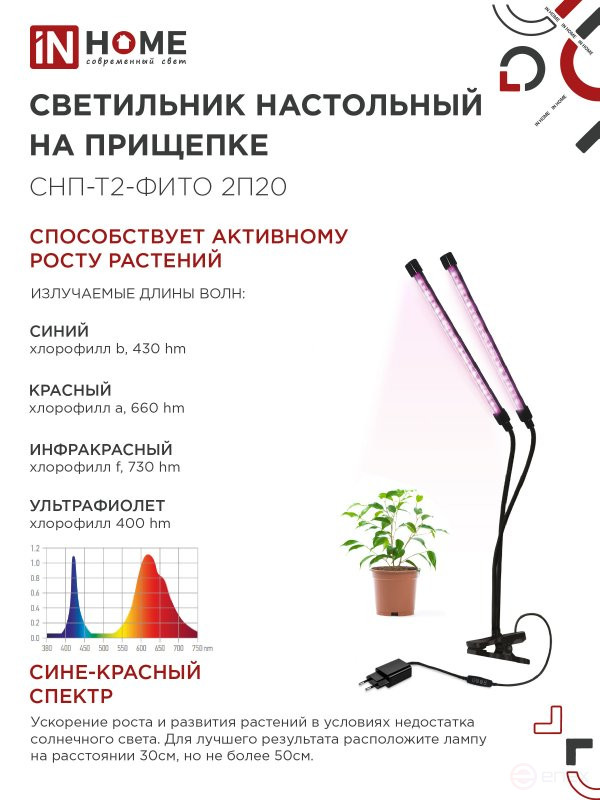 Светильник настольный на прищепке светодиодный СНП-Т2-ФИТО 2П20 красно-синий 20Вт 2 плафона, пульт на шнуре IN HOME
