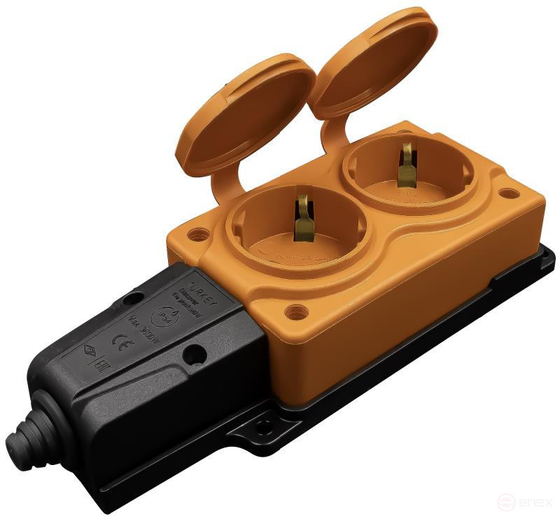 Колодка штепсельная NE-AD 2 гнезда с крышками, с заземлением, оранжевый/черный, каучук