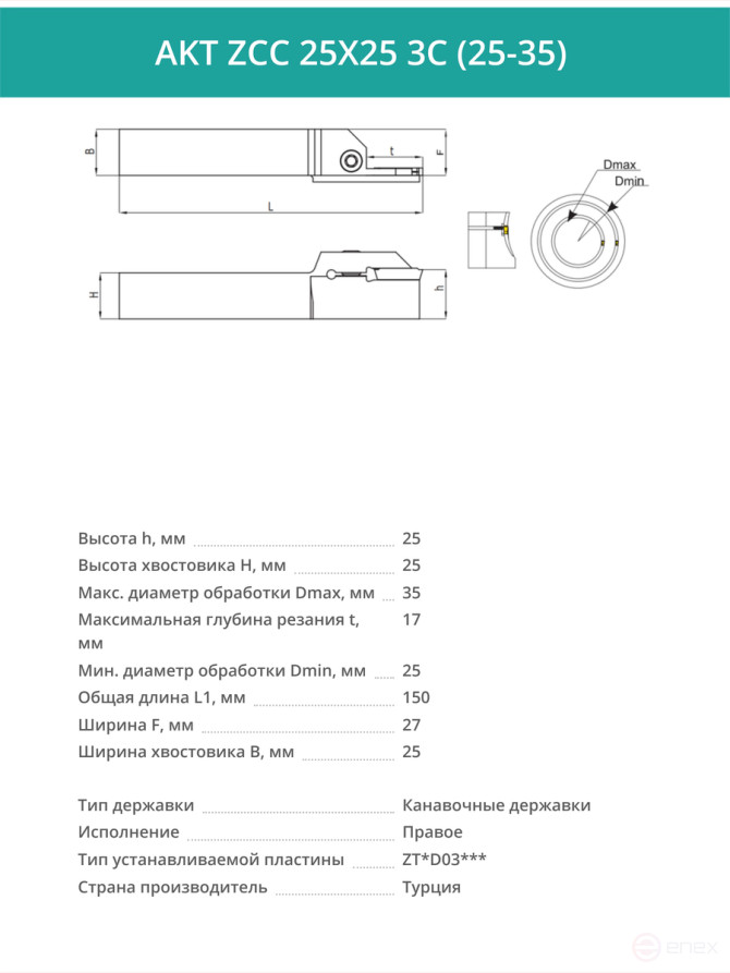 AKT ZCC 25X25 3C (25-35) резец токарный правый для торцевых канавок 25x25 мм / пластина ZT*D03***