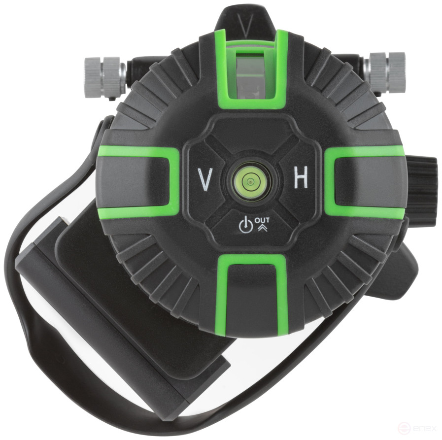 Уровень лазерный самоуспокаивающийся, зеленые лучи, крест, диапазон 10 м, Li-Ion аккум., 2 уровня яркости, без треноги, коробка