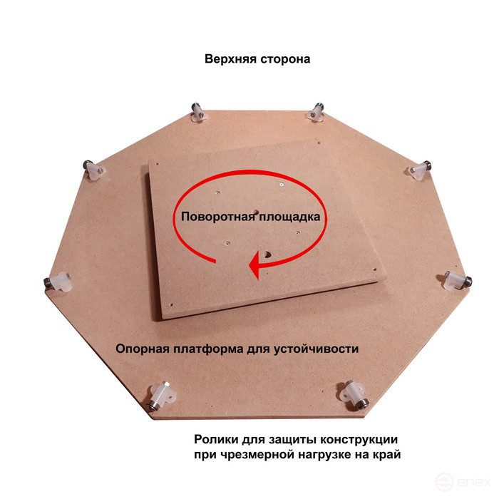 Swivel base for a table or floor platform d 90-130 cm with protective support rollers, with quick centering