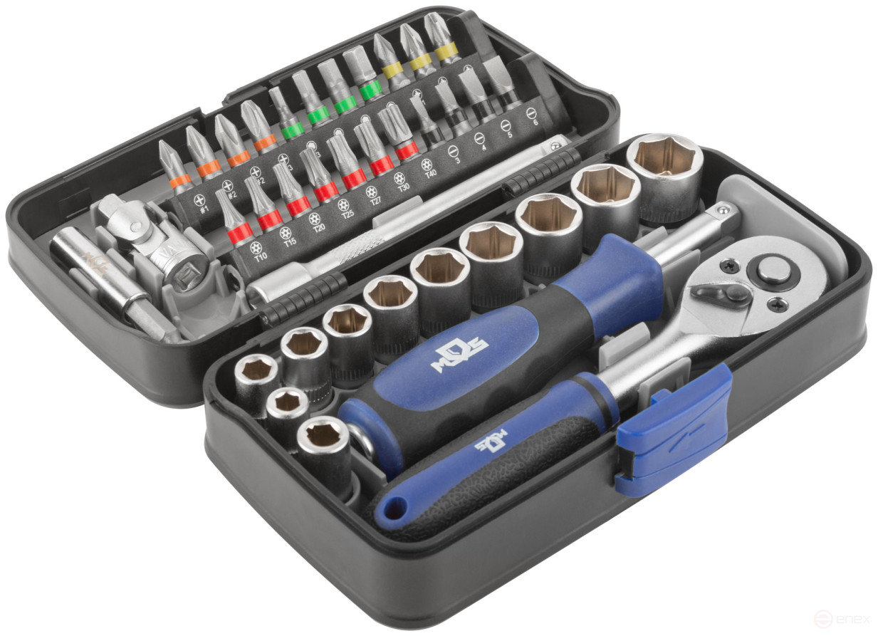 Мини-набор инструмента (биты, головки, вороток, удлинитель), 38 шт., пластиковый кейс