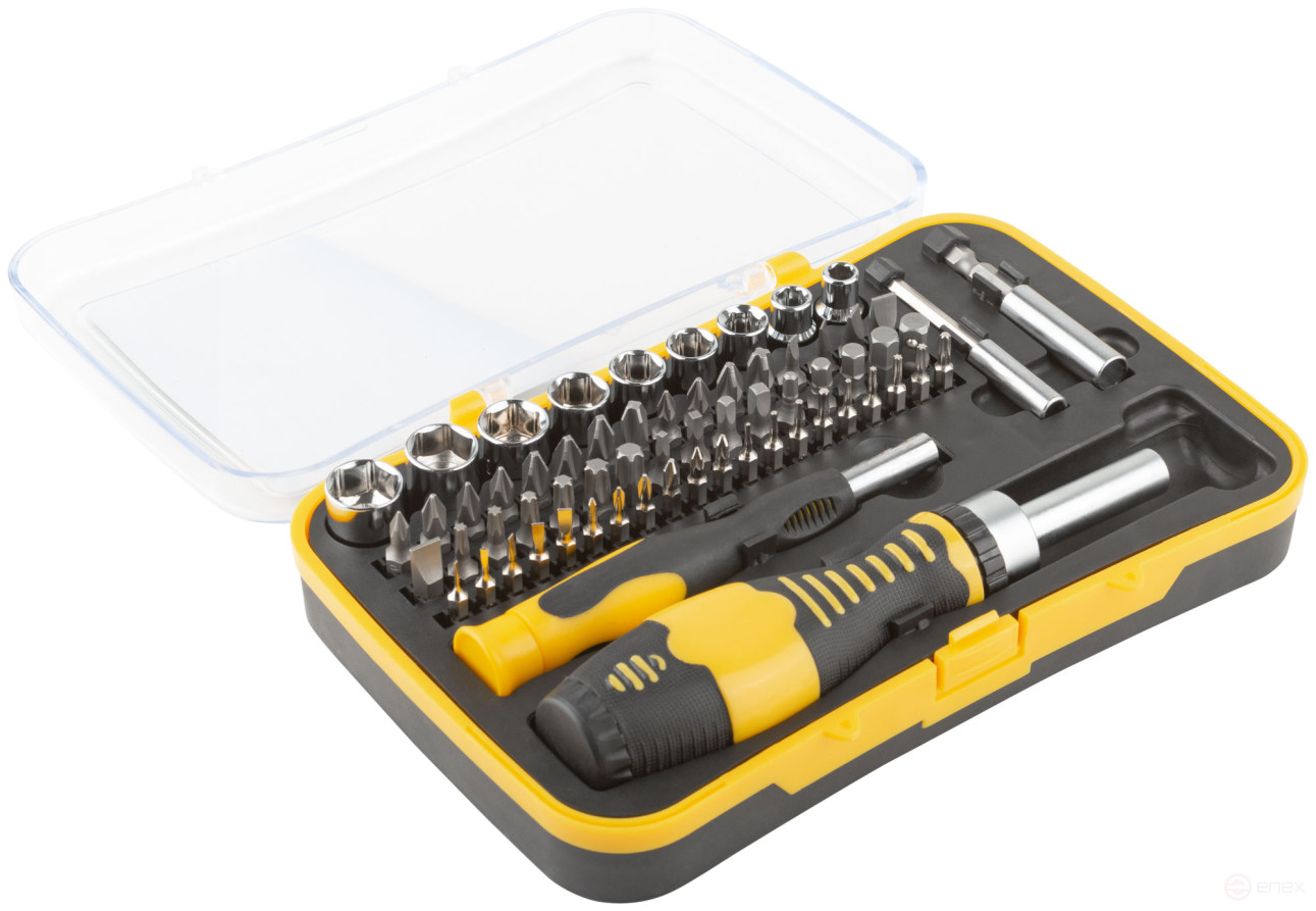 Отвертки реверсивная и для точных работ, набор 65 шт., пластиковый прорезиненный кейс
