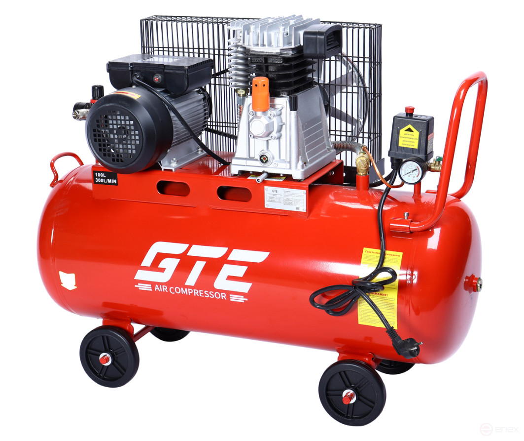Компрессор пневматический 220В 3.0кВт 8атм. 300л/мин. ресивер-100л поршн. ремен. одноступенчатый GTE