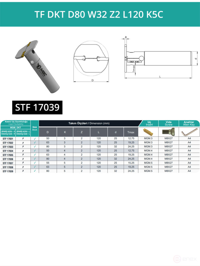 T-shaped milling cutter D80 mm, 2 teeth TF DKT D80 W32 Z2 L120 K5C / MGMN500 plate