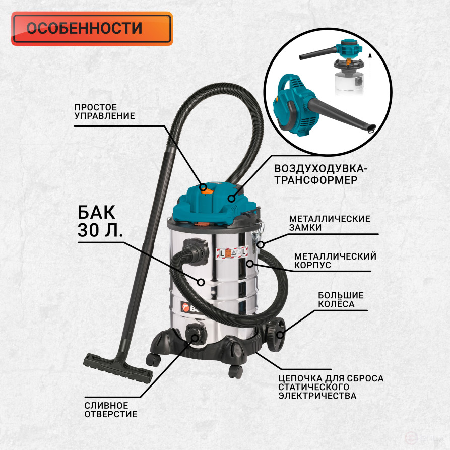 Пылесос для сухой и влажной уборки BORT BSS-1230-DUO