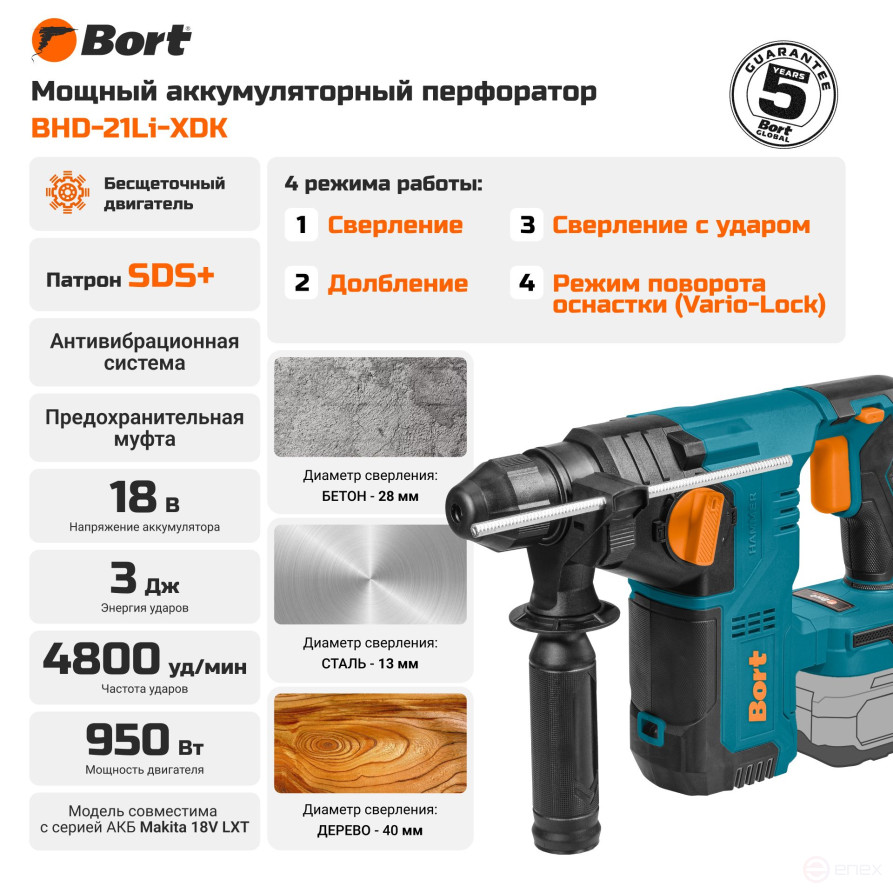 Перфоратор аккумуляторный BORT BHD-21Li-XDK (без АКБ и ЗУ)