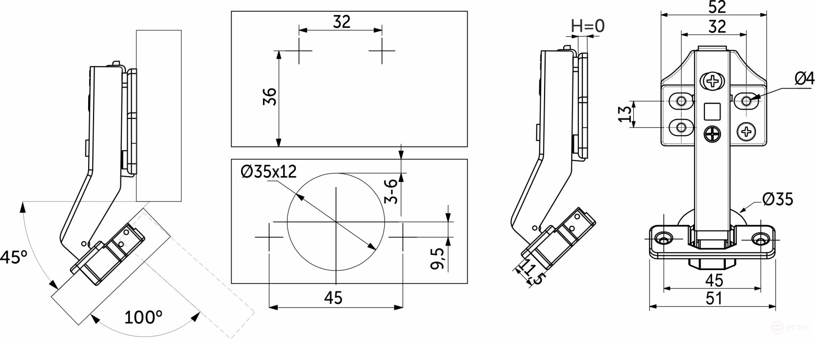 45° angle hinge with door closer 45mm h0 clip-on AKS PLUS 3D (self-tapping screws, plugs)