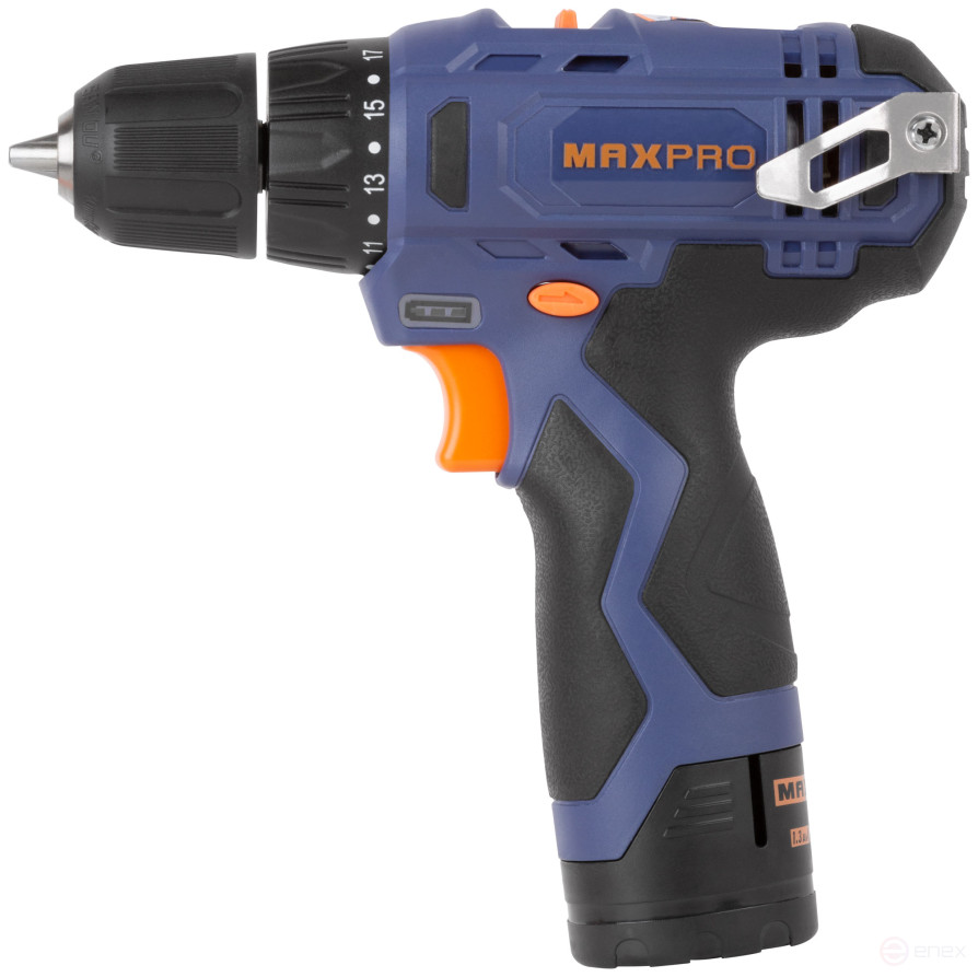 MAX-PRO Дрель-Шуруповерт аккумуляторная 12 В; 0-350/0-1300 об/мин; 10 мм; 26 Нм; 2 батареи (Li-Ion) х1,3 Ач; 17+1; 1 ч.; регулировка оборотов; резинов