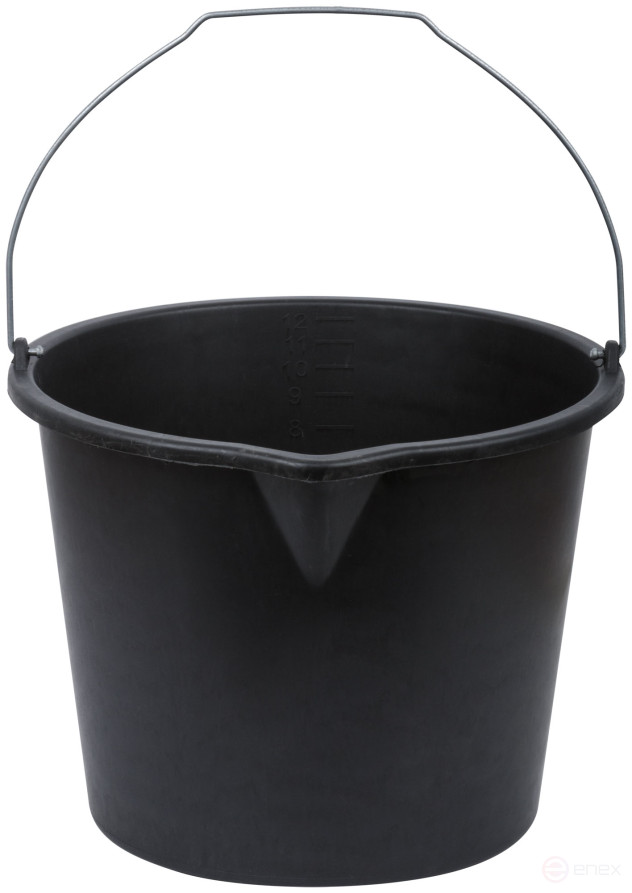 Plastic construction bucket for mixing mortar with a 12 l spout