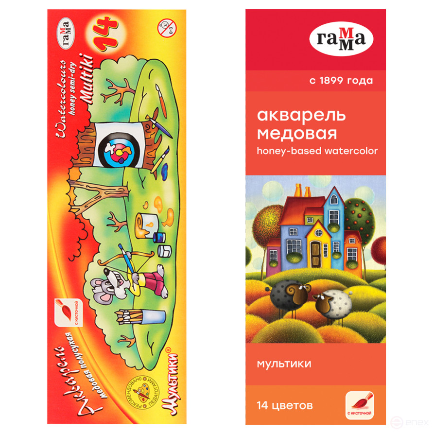 Акварель Гамма "Мультики", медовая, 14 цветов, с кистью, картон. упаковка