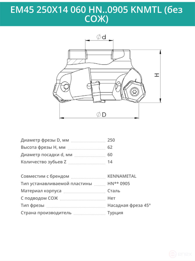 Фреза торцевая насадная 250 мм, посадка 60 мм, 14 зубьев EM45 250X14 060 HN..0905 KNMTL (без СОЖ) под пластину KENNAMETAL