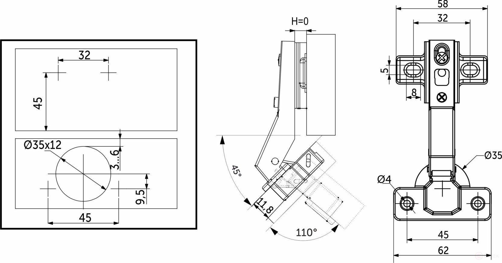Петля угловая 45° с доводчиком 45мм h0 clip-on AKS