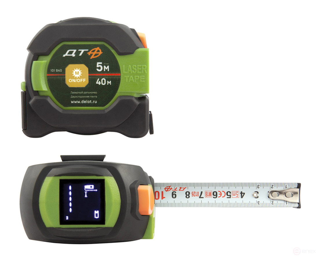 A 5M tape measure with a 40M laser rangefinder.