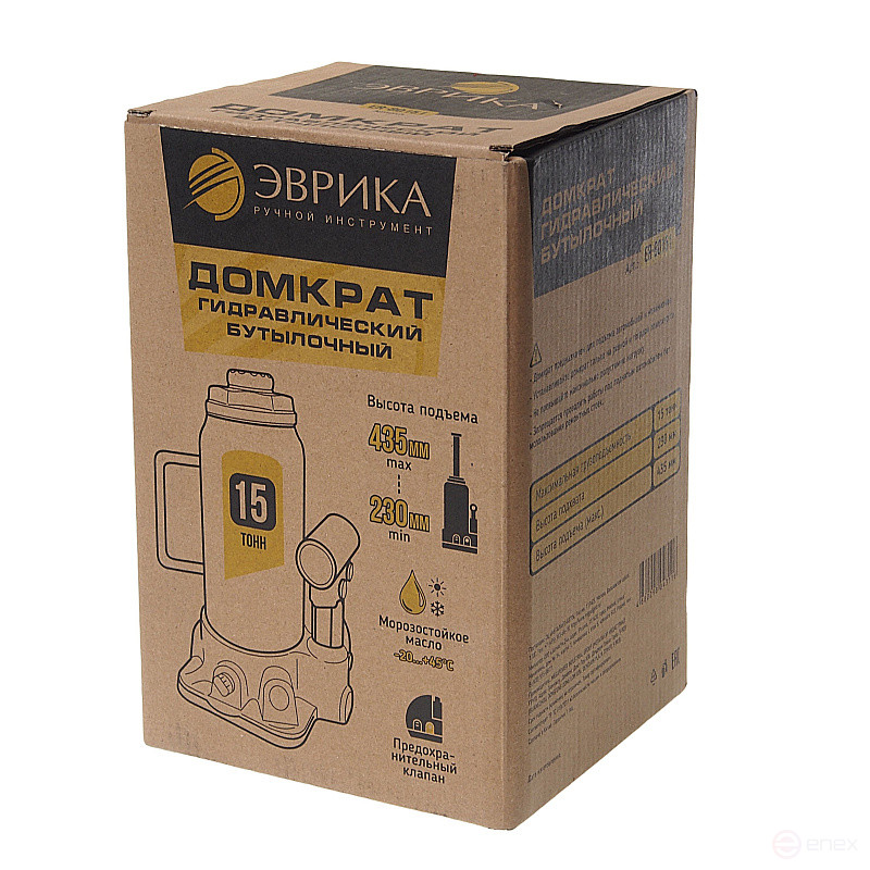 Домкрат гидравлический ER-80151 бутылочный с клапаном 15т, ремкомплект (выс. подъема 230-435мм) ЭВРИКА /1/2