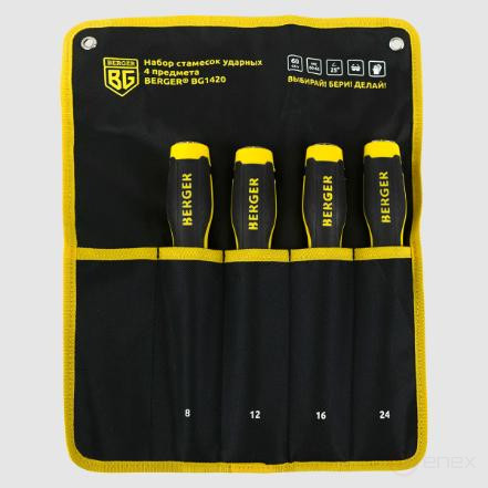 Набор ударных стамесок для обработки древесины, 4 шт 8, 12, 16, 24 мм 263/106 мм в матерчатом чехле, BERGER BG1420