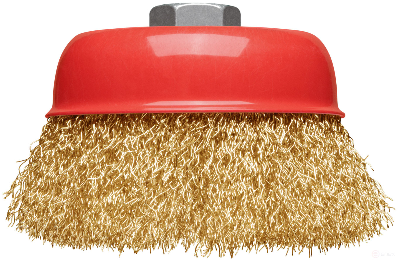 Корщетка-чашка, гайка М14, стальная латунированная волнистая проволока 100 мм, блистер