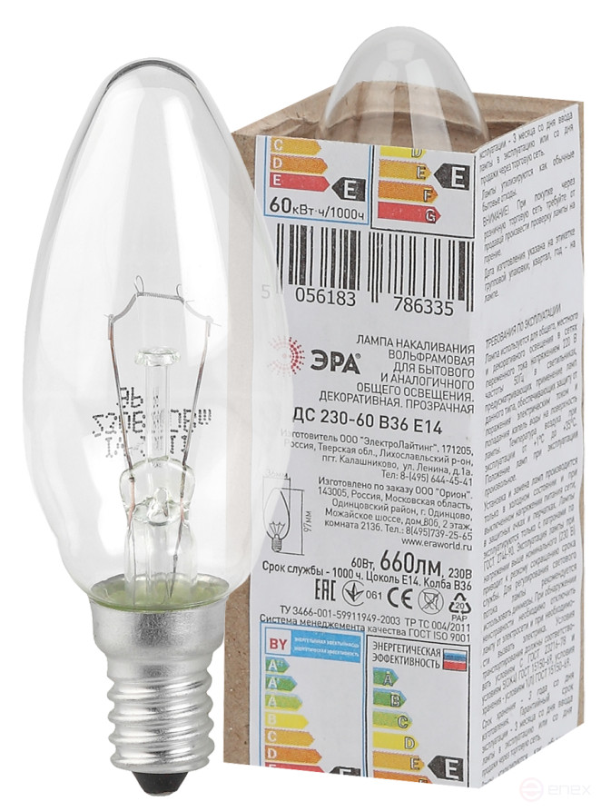 DS 230-60 ERA B36 60W E14 / E14 230V Bulb Transparent candle in corrugation