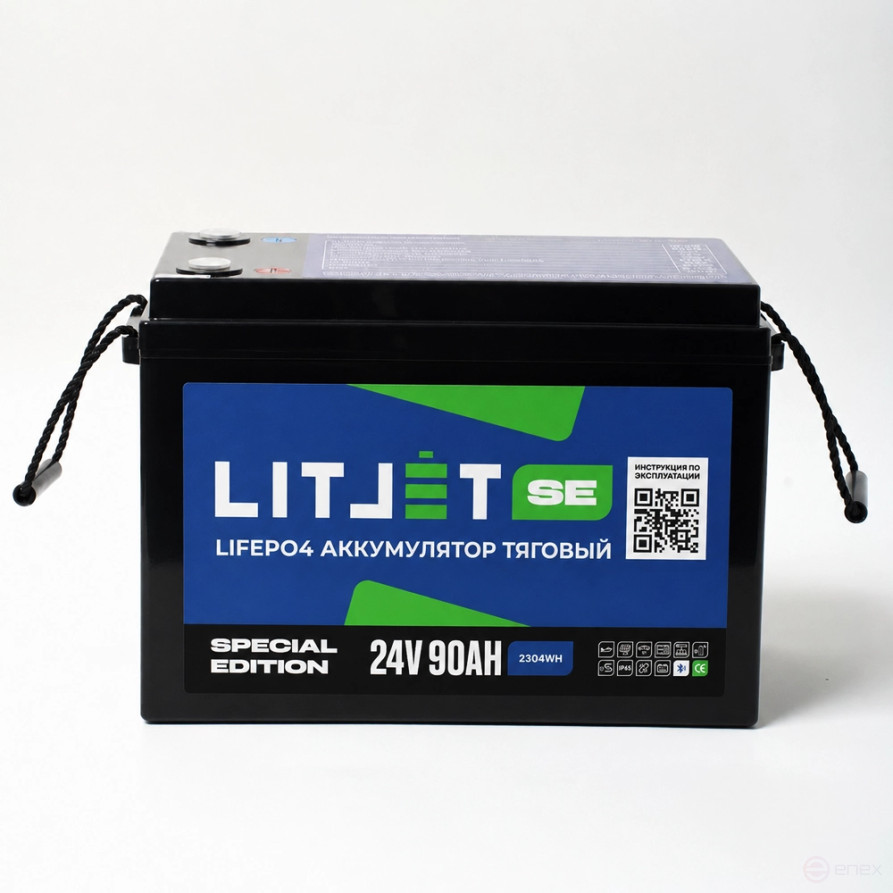 Литиевый тяговый аккумулятор ЛИТДЖЕТ серии SE LiFePO4, 24 В, 90 А·ч, Bluetooth BMS 90 А, дисплей LCD07, степень защиты IP65