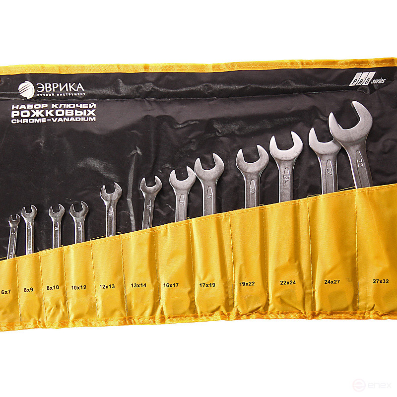 Набор ключей рожковых (6х7,8х9,8.10,10х12,12х13,13х14,16х17,17х19,19х22,22х24,24х27,27х32мм) планшет 12 предметов CrV PRO ЭВРИКА 1/8